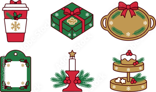 Set of cute christmas and winter holiday icons including coffee cup gift box tray tag candle and tiered dessert stand Vector