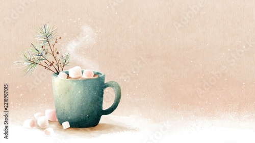 Cozy winter mug with marshmallows and pinecones on festive background