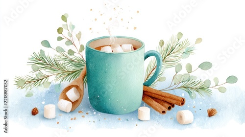 Cozy winter mug with hot chocolate, marshmallows, and cinnamon sticks in watercolor design