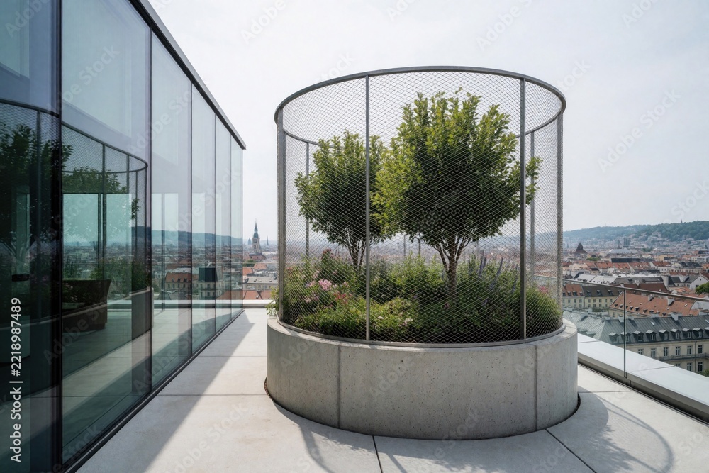 Fototapeta premium Modern rooftop terrace with glass facade, city skyline view. Concrete planter with small green trees, garden plants on balcony. Urban outdoor space with panoramic landscape under cloudy sky.