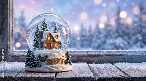 Snow globe with 2027 new year date and cozy house inside on a snowy