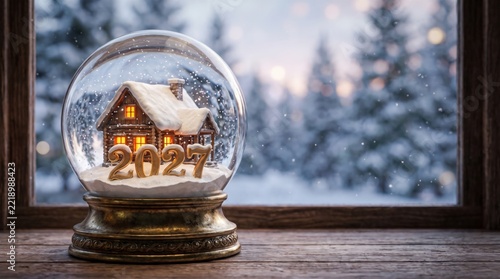 Christmas snow globe with 2027 year sign on wooden windowsill against