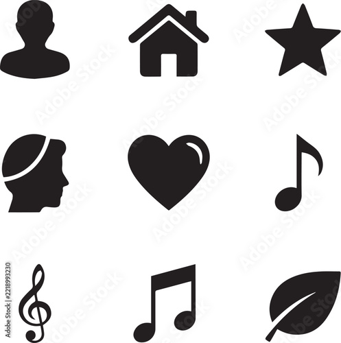 Vector black silhouette icons set featuring user profile, home, star, heart, musical notes, and leaf, isolated on transparent background for UI design.
