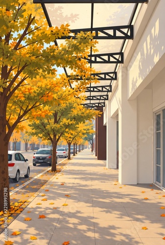 Illustration of an autumn sidewalk with maple trees and a glass canopy along a city street