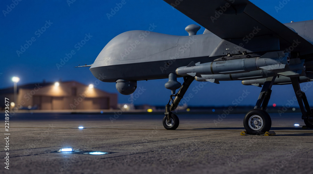 Fototapeta premium Military drone parked on airfield at night. Unmanned aerial vehicle armed with missiles. Advanced aerospace technology for surveillance and combat mission. Modern global war weapon system.