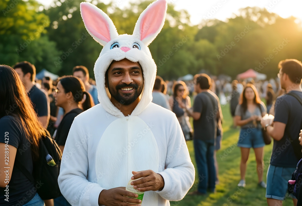 Fototapeta premium Easter celebration and community event, man wearing a bunny costume at a festive outdoor gathering with friends in a park during a sunny afternoon