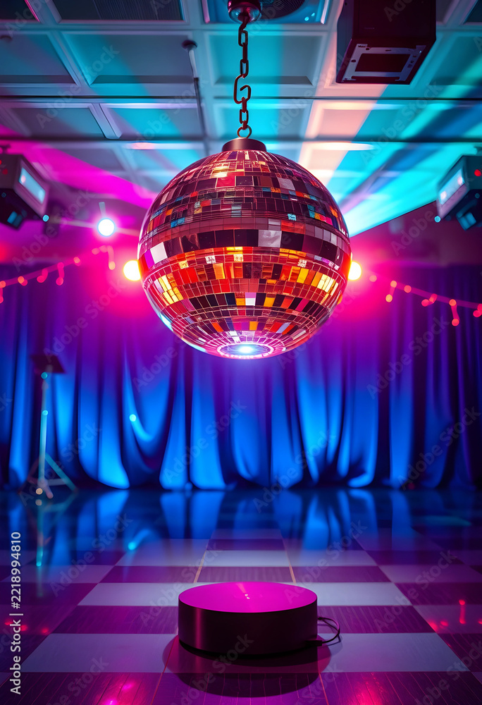 Fototapeta premium Nightlife and party atmosphere, disco ball reflecting colorful neon lights in a dance club with blue curtains and checkered floor for event celebration