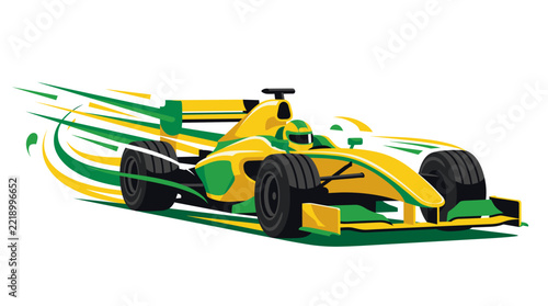 Stylized Yellow and Green Open-Wheel Racing Car Illustration with Dynamic Speed Lines and Motion Effects on a Clean White Background for Professional Sports Graphic Design