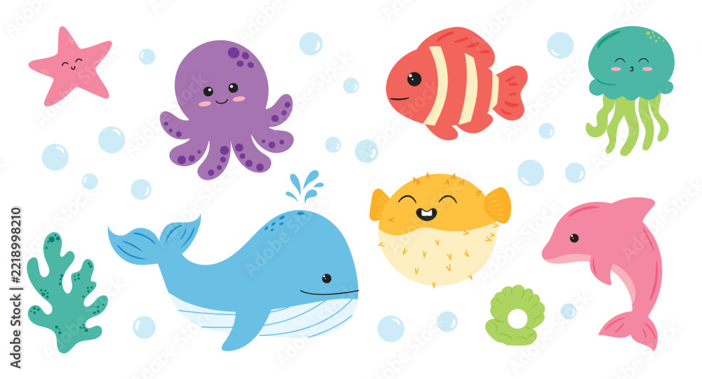 Fototapeta premium Cute Ocean Animal Vector Set with Whale Dolphin Octopus and Fish