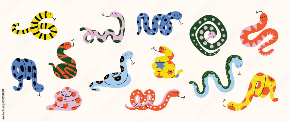 Fototapeta premium Colorful Cartoon Snakes Vector Collection with Curled Reptile Poses