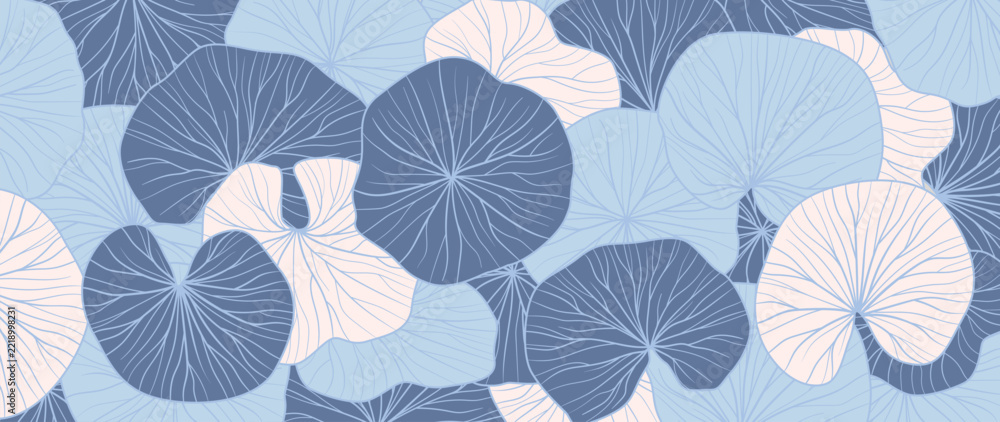 Fototapeta premium Abstract Lotus Leaves Vector Background with Overlapping Round Foliage, Delicate Botanical Line Art in Dusty Blue, Slate Gray and Cream Tones for Wallpaper, Textile and Decorative Surface Design.