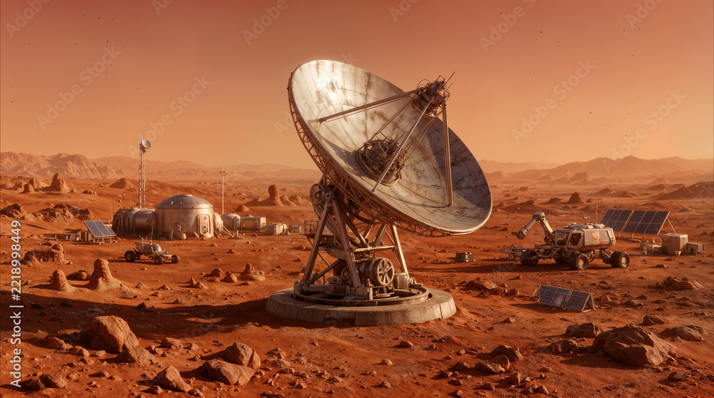 Fototapeta premium Deep space communication outpost on planet Mars. Large satellite dish and research base for interplanetary exploration.
