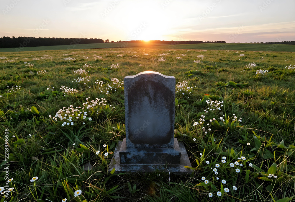 Fototapeta premium Grief and loss concept, blank tombstone in a peaceful meadow at sunset for memorial service, remembrance and funeral planning in a quiet rural landscape