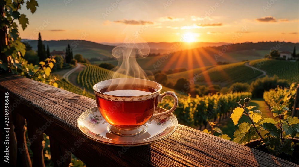 Fototapeta premium Hot tea in ceramic cup on wooden balcony railing at sunset. Steaming mug sits against hills with vineyards. Golden sun rays shine over countryside landscape. Relaxing evening atmosphere with warm