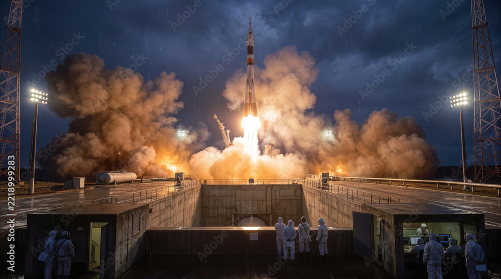 Fototapeta premium Rocket launching from cosmodrome at night. Ground crew in protective suits watching spacecraft lift off from launchpad into stormy sky.