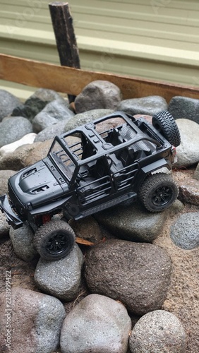 Fotografie Black RC Crawler in rocks