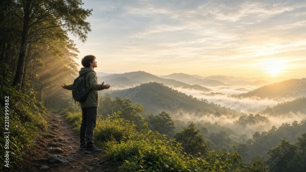 Fototapeta premium Teen Boy Breathing Fresh Air on a Mountain Trail at Sunrise