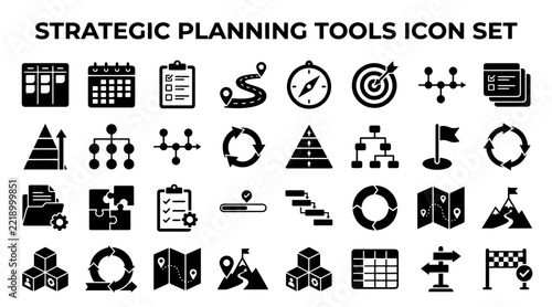 Strategic planning tools icon set for business management project