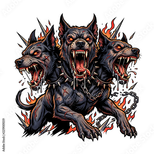 Fierce three-headed Cerberus hound with glowing red eyes, dripping saliva, spiked collars, and breaking chains. Dog, Animals.