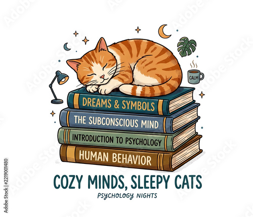 Cute orange tabby cat sleeping on a stack of psychology books. Cozy lofi comic style with Cozy Minds Sleepy Cats typography.