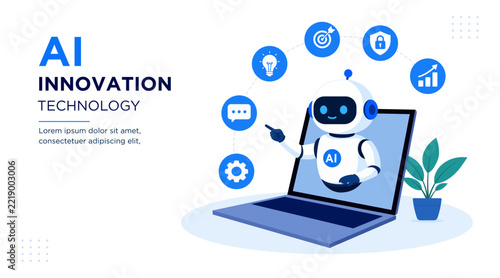 AI innovation technology concept with robot assistant. Vector illustration of artificial intelligence, automation, communication, analytics, security, business growth. Flat design.