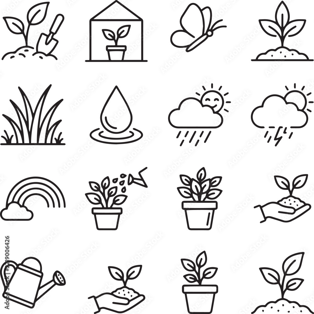 Fototapeta premium Gardening and nature line icons set featuring plants flowers weather