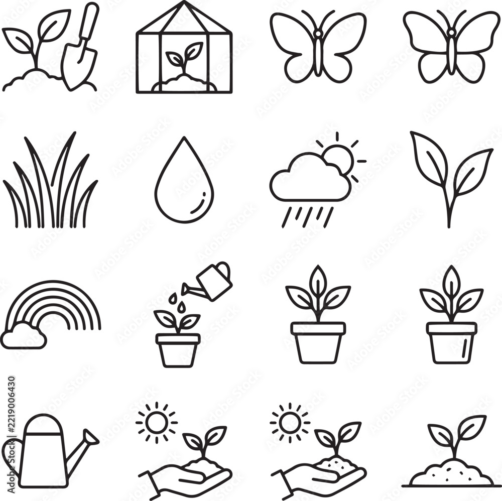 Fototapeta premium Set of gardening and nature line icons for spring planting and