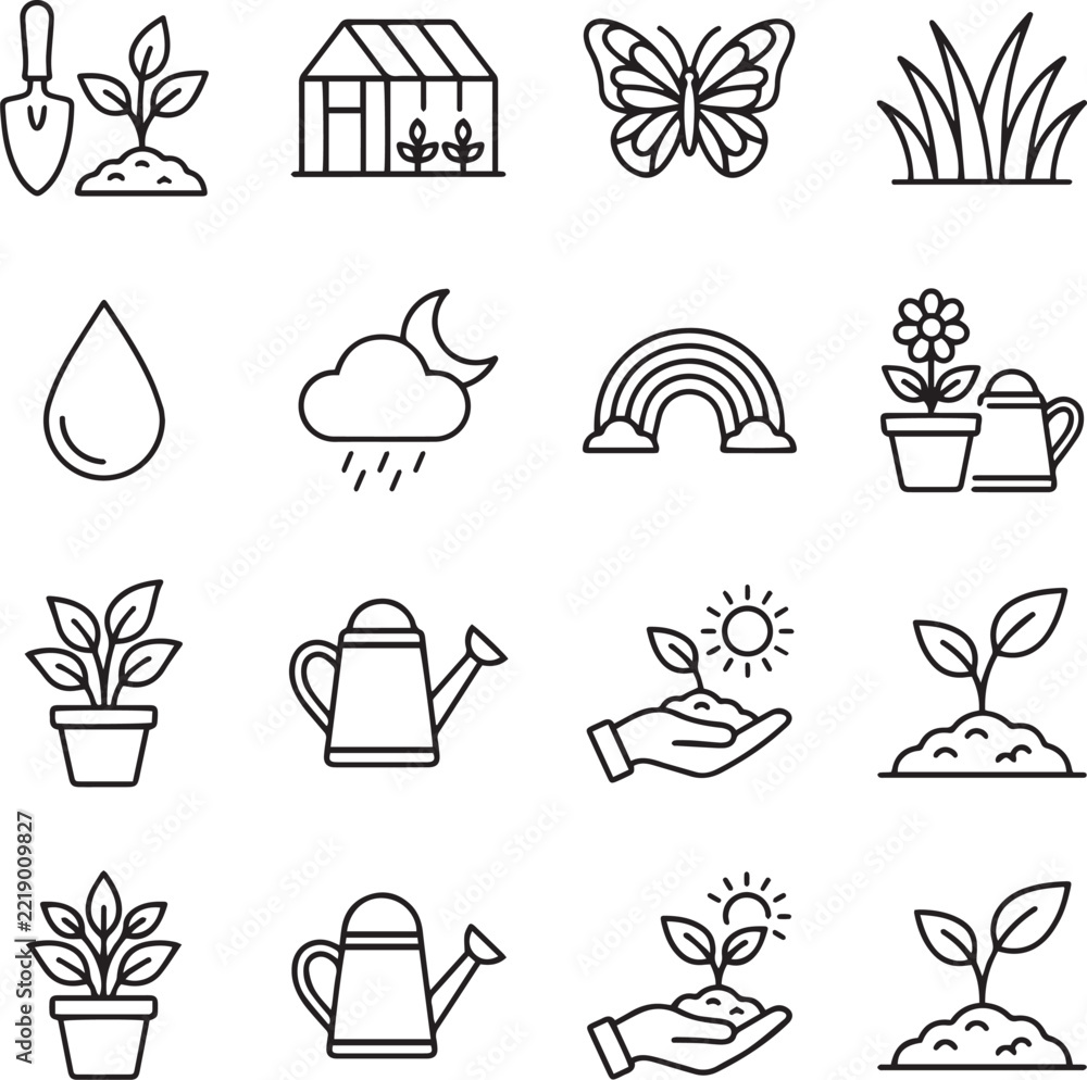 Fototapeta premium Gardening and nature line art icons set for spring planting and