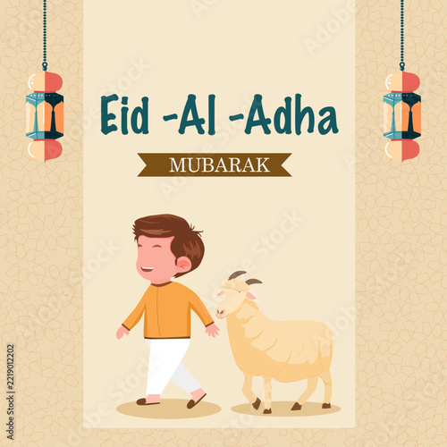 Boy with Goats Celebrating Eid Al-Adha Cartoon Illustration