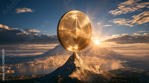 Ethereum Emblem on Mountain Peak: A symbolic representation of the Ethereum cryptocurrency sits atop a majestic mountain peak at sunrise, overlooking a serene body of water and a distant cityscape.
