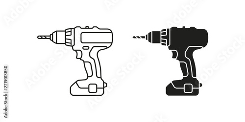 Fotografie Black cordless power drill icon vector tool set isolated on transparent