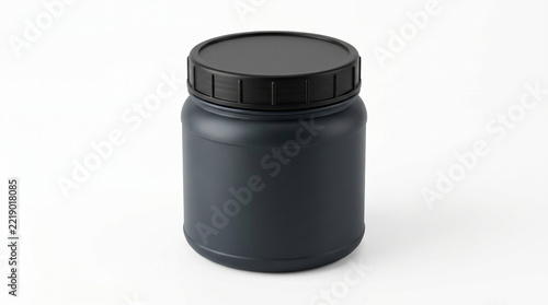 Black plastic container with lid on gray background