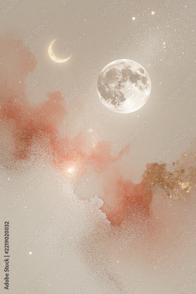 Fototapeta premium Abstract watercolor illustration of moon, crescent in cosmic space. Beige, coral nebula clouds with shimmering stars fill sky. Minimalist boho art style shows mystical universe journey. Calm