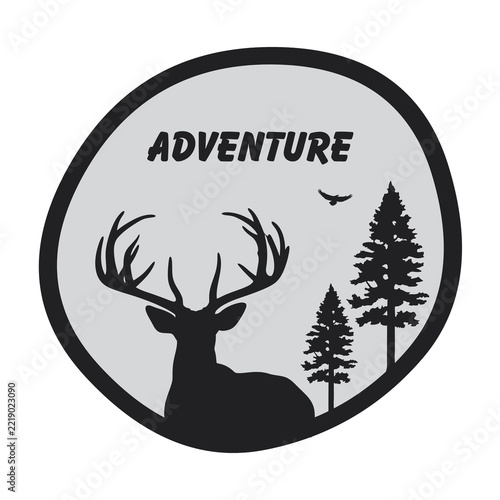 Adventure Wildlife Emblem with Deer Silhouette and Pine Trees