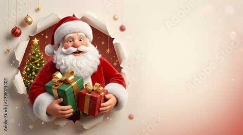Santa Claus Peeking Through Torn Paper with Gifts