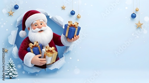 Cute Santa Claus Holding Blue Gift Boxes in Torn Paper