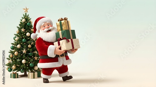 Cute Santa Claus Standing with Stack of Gift Boxes