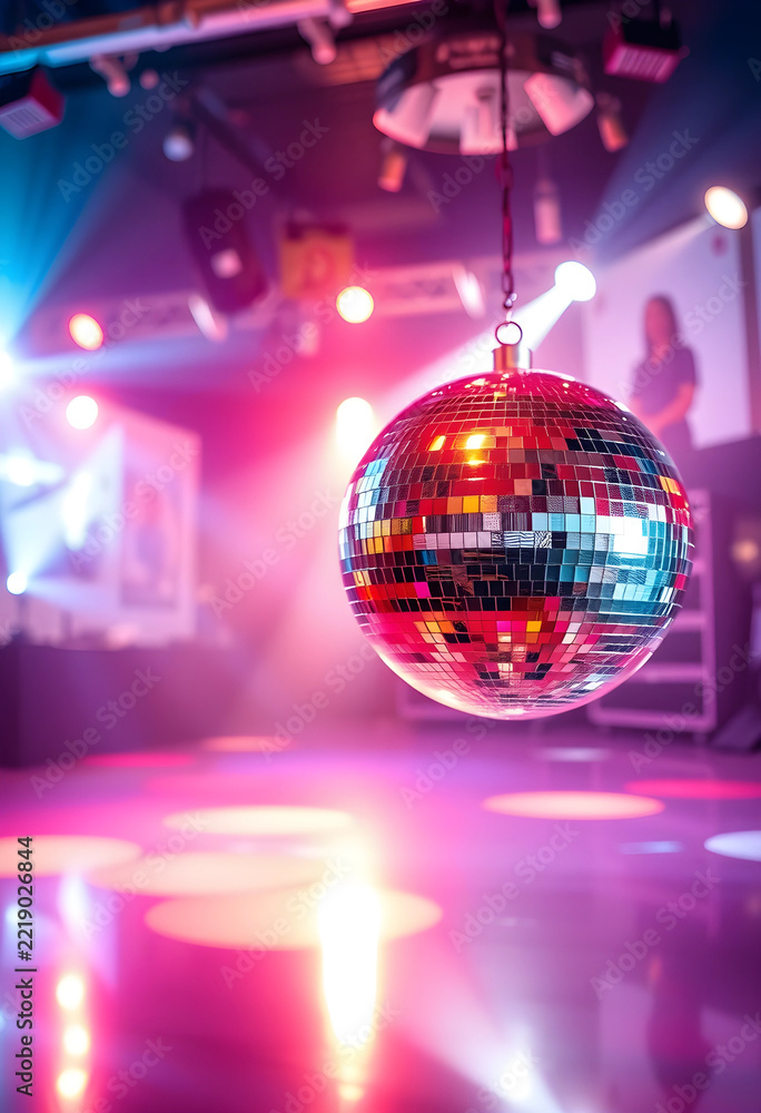 Fototapeta premium Nightlife and party atmosphere, disco ball reflecting colorful lights in a nightclub with dance floor and music event entertainment celebration