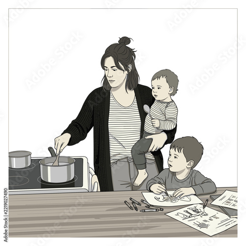 mom multitasking in a kitchen