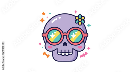 Cute purple vector skull wearing colorful star glasses and a flower illustration for funny halloween graphic designs