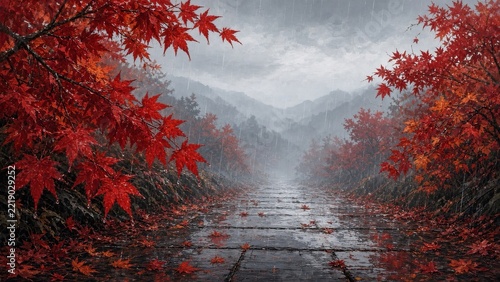 Red maple trees over a rainy wooden path with copy space