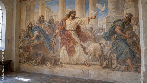 Jesus Cleansing the Temple,  Biblical Mural Painted on a Wall