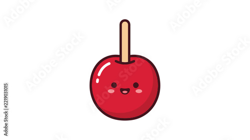 Cute kawaii candy apple vector illustration with glossy red shine and a wooden stick on isolated white background