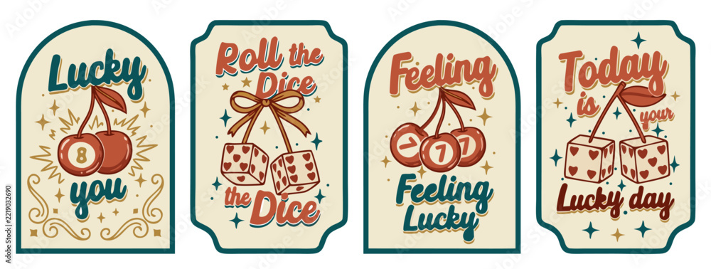 Fototapeta premium Vintage style retro labels with cherries and dice motifs for luck