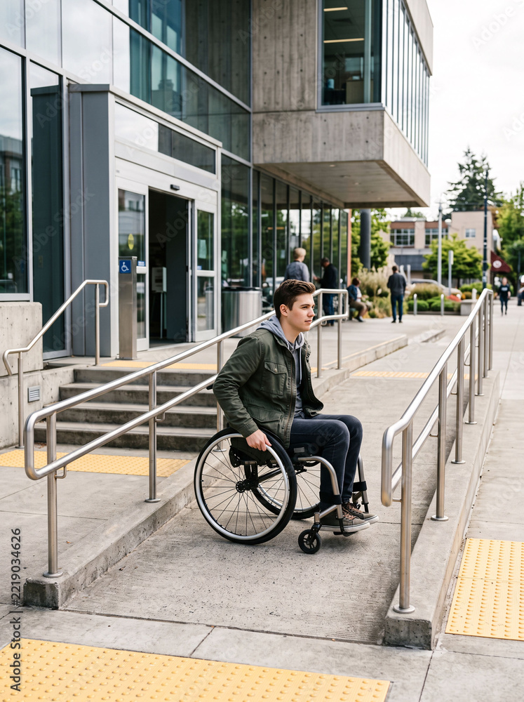 Obraz premium Young man using wheelchair outside public library with accessible entrance ramps representing inclusion accessibility independence education and community participation together
