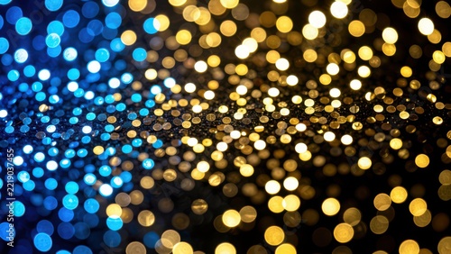 ethereal bokeh banner of blue gold and black glitter lights for premium advertising background copy space