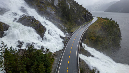Aerial view of Langfoss waterfall in Vestland, Norway