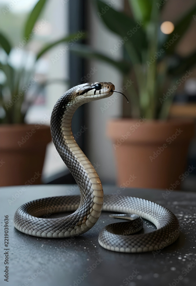Obraz premium Danger and wildlife conservation, black rat snake with tongue flicking in indoor environment with potted plants and natural light for biology study