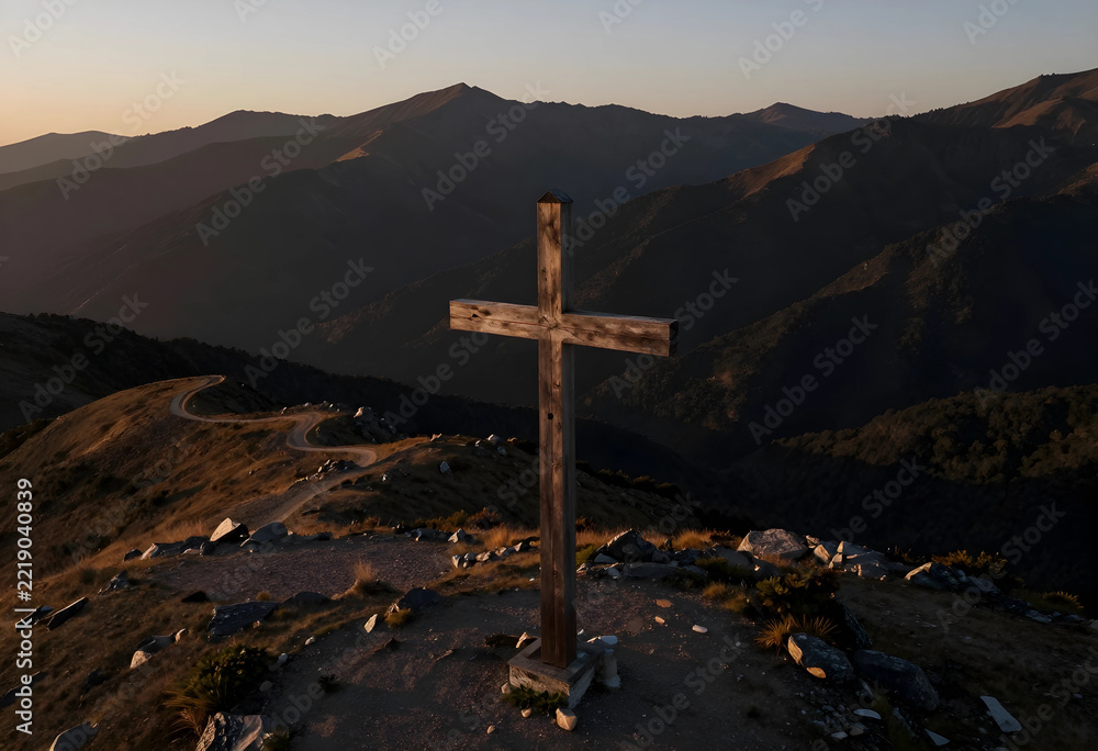 Naklejka premium Christianity and faith concept, wooden cross on a mountain peak at sunset with winding road and vast landscape for spiritual journey and hope