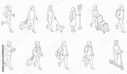 Grey outline isometric vector set of travelers and commuters on white background.